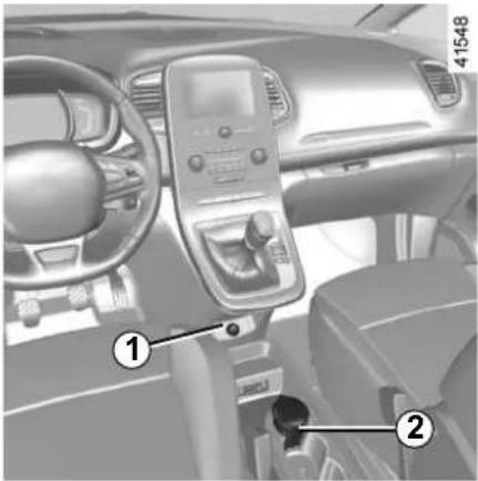 Interior view of a car dashboard with labeled parts including controls and steering wheel