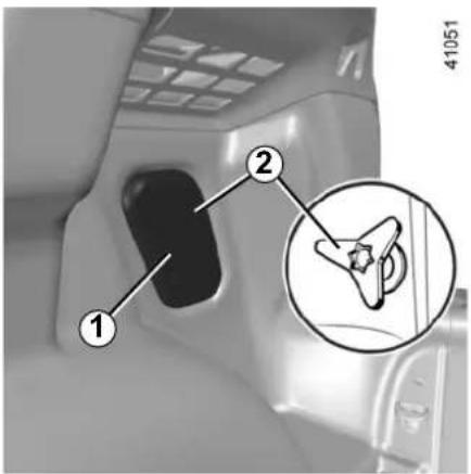 Technical diagram of a vehicle interior with labeled parts and an inset showing a mechanical component detail.