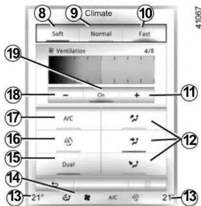 8 9 Climate 10 Soft Normal Fast Ventilation 4/8 19 18 On + 11 17 A/C 16 Dual 15 14 13 21° A/C 21° 12 13 41067
