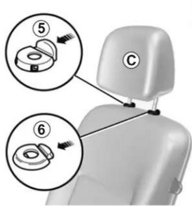 Diagram showing car seat positioning with numbered parts and directional arrows indicating movement or assembly.