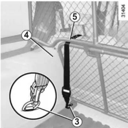 Diagram showing a safety belt device with numbered parts and an inset close-up of the component, likely for safety or safety instructions.
