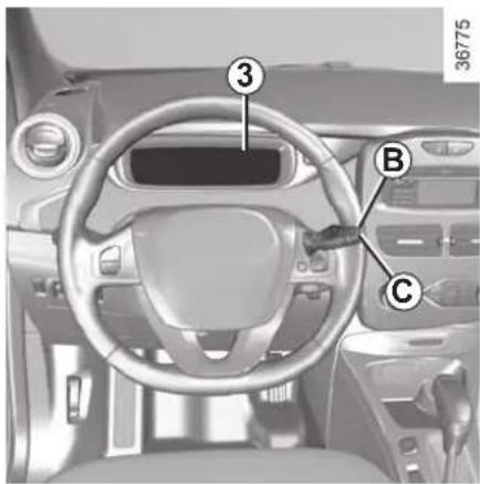 Interior view of a car dashboard with labeled parts including steering wheel, dashboard, and control panel