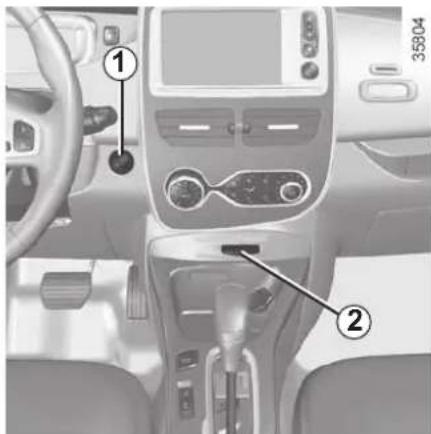 Interior view of a car dashboard with labeled parts including controls and a digital display