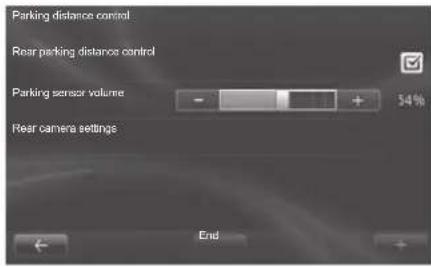 Parking distance control Rear parking distance control Parking sensor volume - + 54% Rear camera settings End
