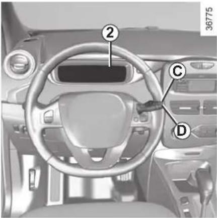 Interior view of a car dashboard with labeled parts including steering wheel, dashboard, and infotainment knob