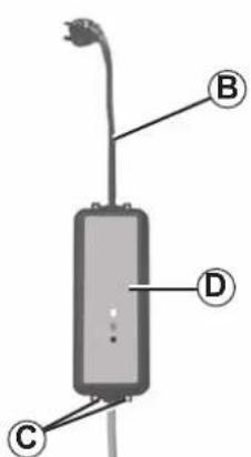 Diagram of a vertical cylindrical device with labeled components A, B, C, and D