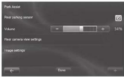 Park Assist Rear parking sensor Volume: 54% Rear camera view settings Image settings Done