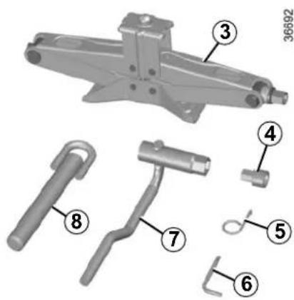 Technical diagram of a mechanical clamp or bracket with numbered parts labeled 3 through 8