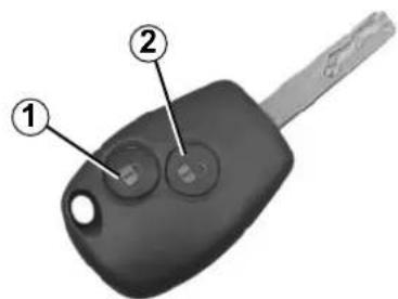 Diagram of a car key with labeled parts 1 and 2, showing two circular buttons on the key.