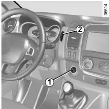 Interior view of a vehicle dashboard with labeled parts including steering wheel, dashboard, and control panel