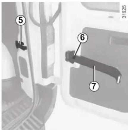 Diagram showing numbered mechanical components in a vehicle door panel, labeled 5, 6, and 7.
