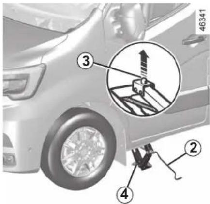 Diagram of a car showing parts numbered 2, 3, and 4 with a magnified inset highlighting a mechanical component.