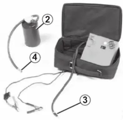 Diagram of a medical device setup with labeled parts including a cylindrical device, tubing, and a box containing an oxygen meter.