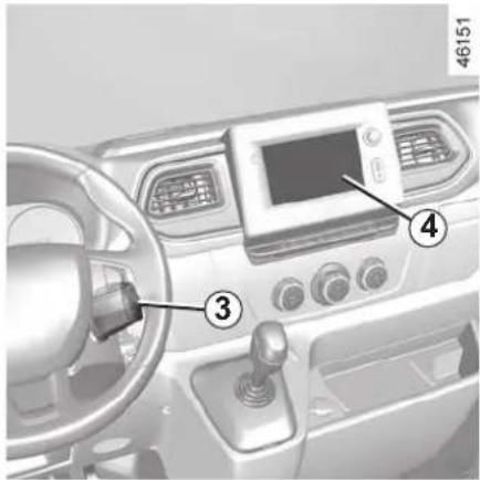 Interior view of a vehicle dashboard with numbered components and labeled controls