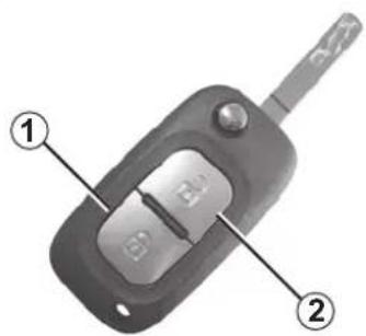 Diagram of a car key with labeled parts, showing two numbered parts and a central control knob.