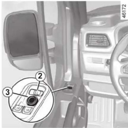Diagram of a vehicle interior showing labeled control panel with numbered parts and a magnified inset view