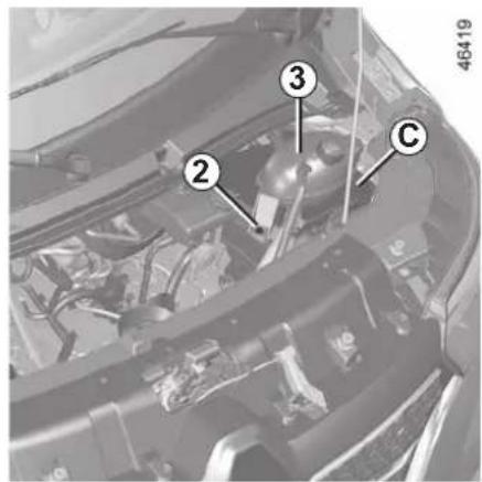 Technical diagram of a car engine bay with numbered components labeled 2, 3, and C
