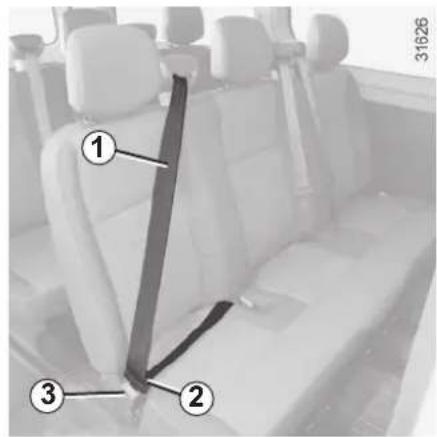 Diagram of car seatbelt with numbered labels pointing to specific seats