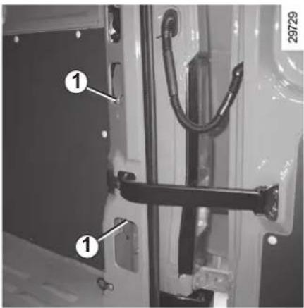 Technical diagram of a vehicle door panel with numbered annotations pointing to components
