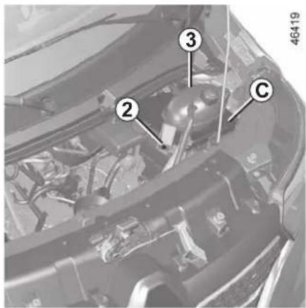 Labeled mechanical component diagram showing engine bay and parts numbered 2, 3, and C
