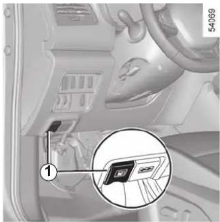 Car interior diagram with labeled component and magnified view showing a device inside the dashboard