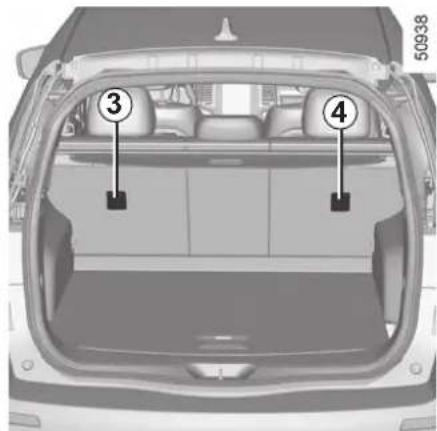 Diagram of a car rear view with numbered compartments and labeled parts, likely for vehicle maintenance or assembly reference.