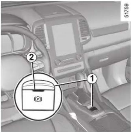 Car interior diagram with labeled parts showing a device inside the dashboard and a magnified inset highlighting a component.