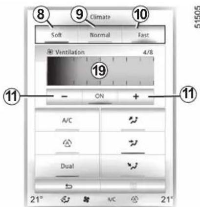 8 9 Climate 10 Soft Normal Fast Ventilation 4/8 19 - ON + 11 A/C Dual 21° A/C 21° 51505