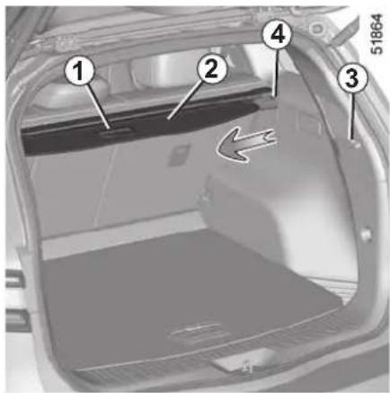 Diagram of a car interior with numbered components and an arrow indicating direction, labeled 1 to 4.
