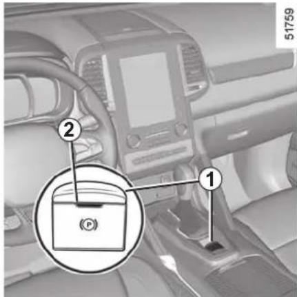Car interior diagram with labeled parts showing a device and a circular inset highlighting a button or switch.