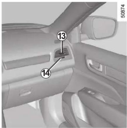 Interior view of a car dashboard with numbered component labels pointing to the air vent and dashboard panel.