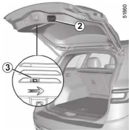 Diagram of a car trunk with labeled parts and an inset showing internal components, likely for assembly or maintenance instructions.