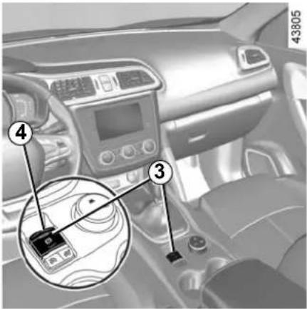 Car interior diagram with numbered annotations pointing to a device panel and control buttons