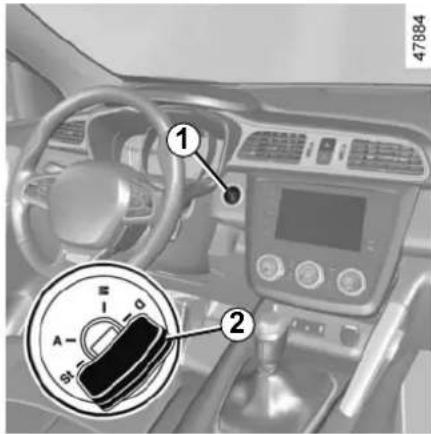 Interior view of a car dashboard with labeled controls and a rotary dial indicator showing 0 to 10 degrees.