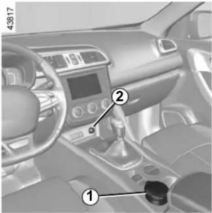 Interior view of a car dashboard with labeled parts including controls, steering wheel, and keyway