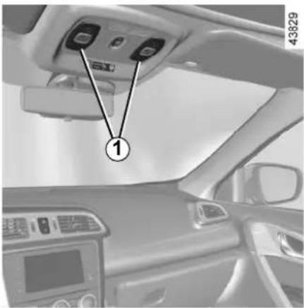 Car interior view with labeled car door panel and numbered component (1) in the ceiling