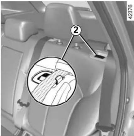 Car seatbelt diagram showing a hand pressing down a seatbelt, with labeled parts and magnified detail view
