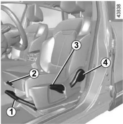 Diagram of car interior showing numbered safety seat components with labels 1 to 4