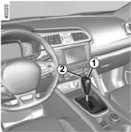 Interior view of a car showing the dashboard and gear shift with numbered annotations pointing to key components.