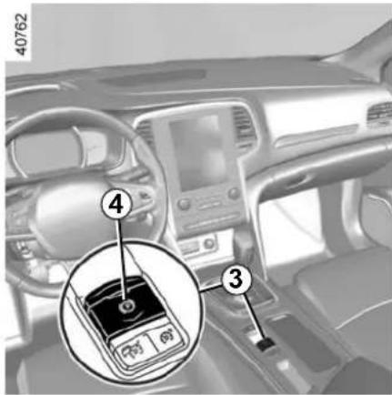 Interior view of a car dashboard with numbered parts and a highlighted device panel showing status indicators.