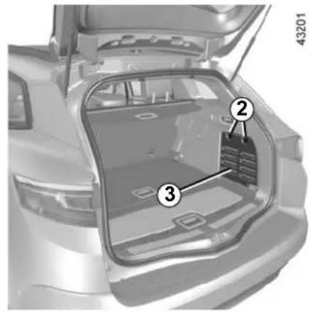 Technical diagram of a car trunk with labeled parts, showing open rear opening and internal compartments with numbered annotations.