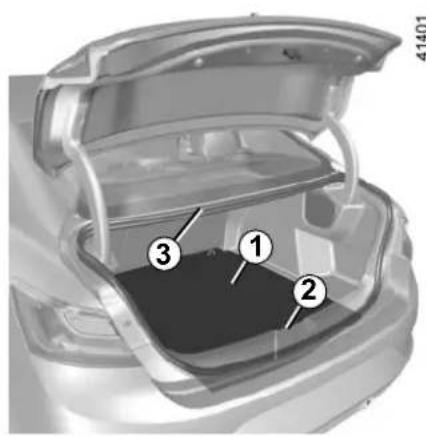 Diagram of a car trunk with numbered parts labeled 1, 2, and 3 for identification.