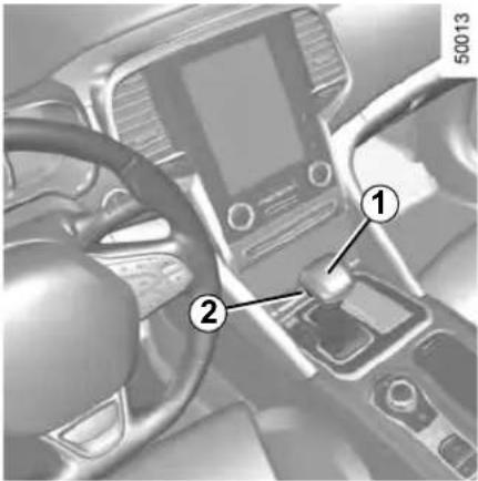 Car interior view with numbered annotations pointing to a device control panel and dashboard