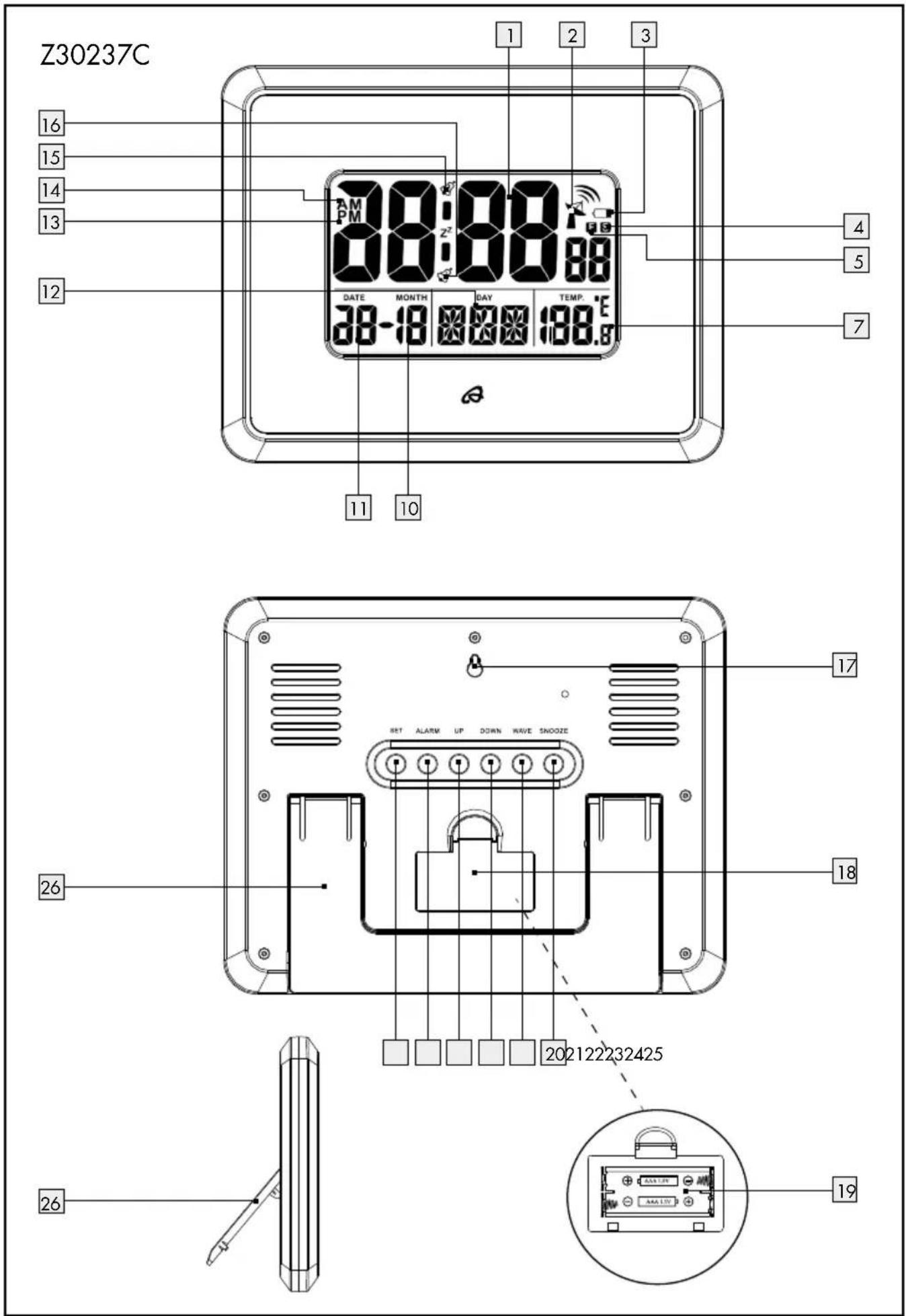 Z30237C 1 2 3 16 15 14 13 12 11 10 8:08:08:08 PM DATE MONTH DAY TEM.°E 28-18 28.8 4 5 7 17 26 18 202122232425 26 19