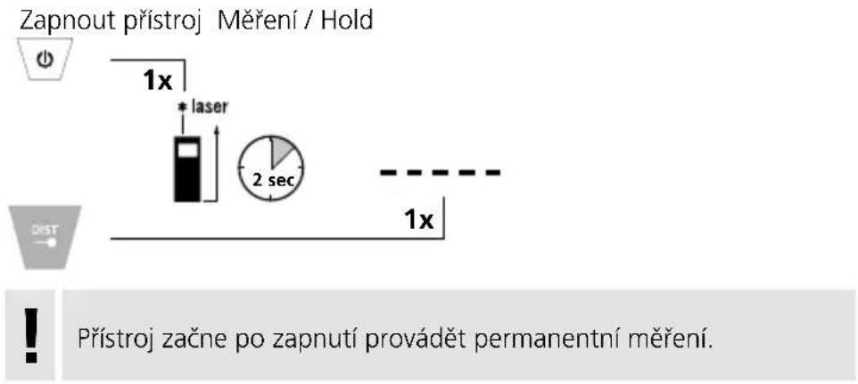 Zapnout přístroj Měření / Hold 1x * laser 2 sec 1x Přístroj začne po zapnutí provádět permanentní měření.