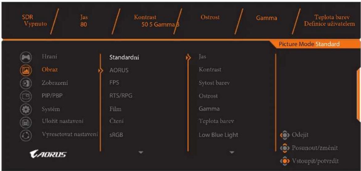 SDR Vypnuto Jas 80 Kontrast 50 5 Gamma β Ostrost Gamma Teplota barev Definice uživatelem Hrani Obraz Zobrazení PIP/PBP Systém Uložit nastavení Vyresetovat nastavení Standardní AORUS FPS RTS/RPG Film Čtení sRGB Jas Kontrast Sytost barev Ostrost Gamma Teplota barev Low Blue Light Picture Mode Standard Odejit Posunout/změnit Vstoupit/potvrdit