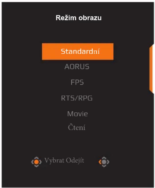 Režim obrazu Standardní AORUS FPS RTS/RPG Movie Čtení Vybrat Odejít
