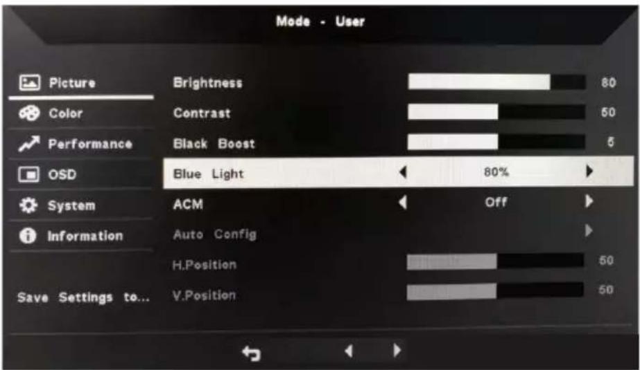 Mode - User Picture Brightness 80 Color Contrast 50 Performance Black Boost 5 OSD Blue Light 80% System ACM Off Information Auto Config Save Settings to... H.Position 50 V.Position 50