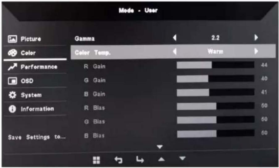 Mode - User Picture Color Performance OSD System Information Save Settings to... Gamma 2.2 Color Temp. Warm R Gain 44 G Gain 40 B Gain 41 R Bias 50 G Bias 50 B Bias 50