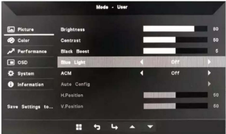 Mode - User Picture Brightness 80 Color Contrast 50 Performance Black Boost 5 OSD Blue Light Off System ACM Off Information Auto Config Save Settings to... H.Position 50 V.Position 50